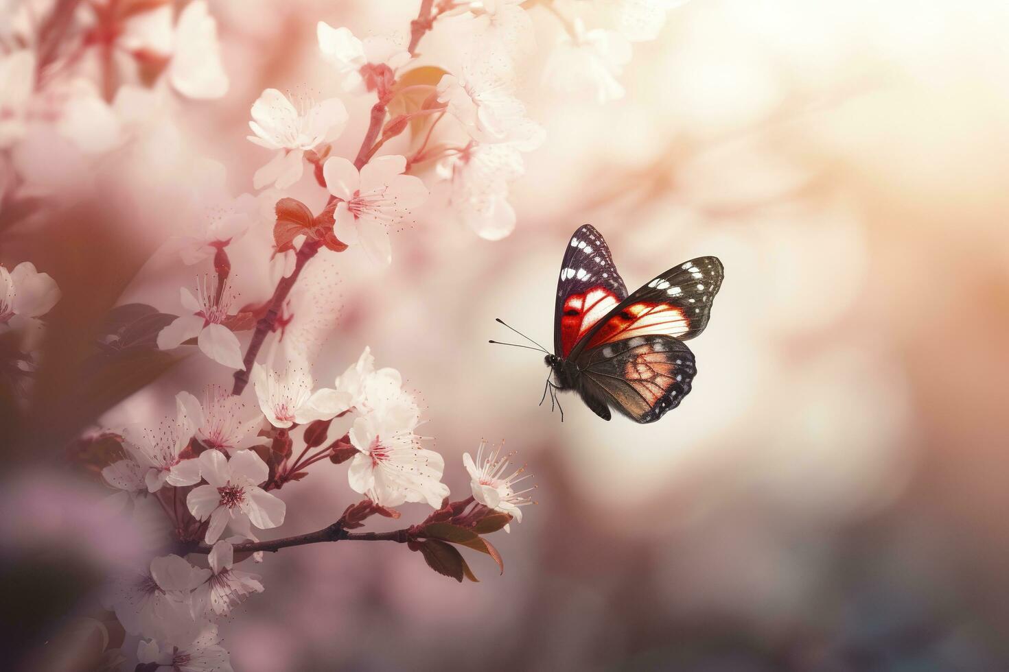 Spring banner, branches of blossoming cherry against the background of blue sky, and butterflies on nature outdoors. Pink sakura flowers, dreamy romantic image spring, landscape panorama, generate ai photo