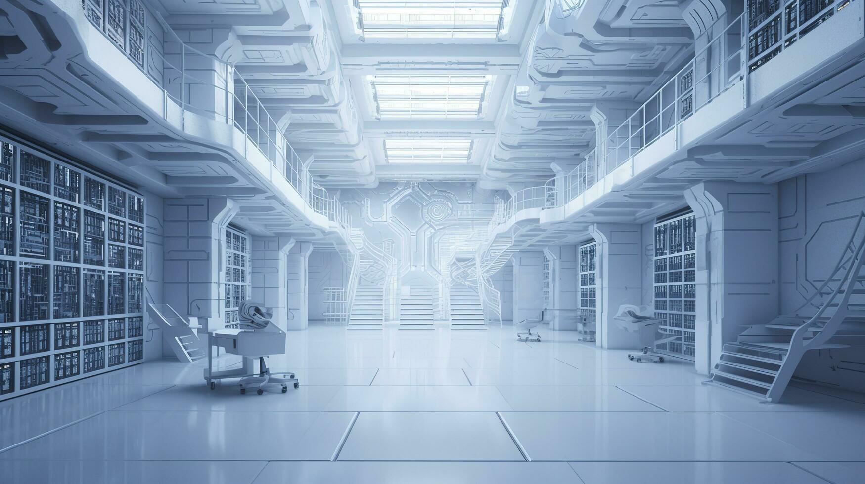 artificial intelligence white library classroom in space, a futuristic  library with a lot of books with natural light,  photorealistic 2050, generate ai photo