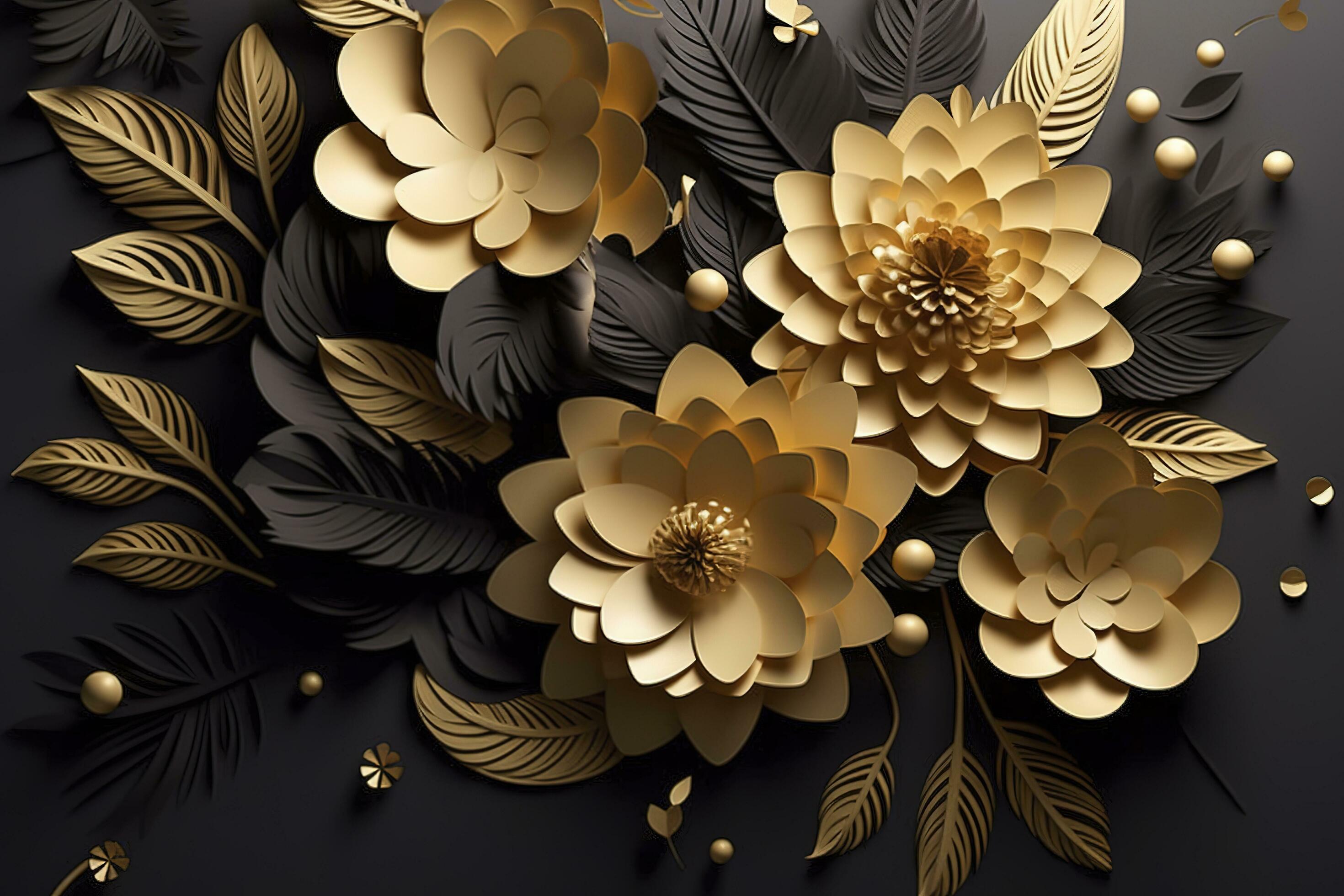 3d mural floral wallpaper. golden and black flowers and leaves. 3d