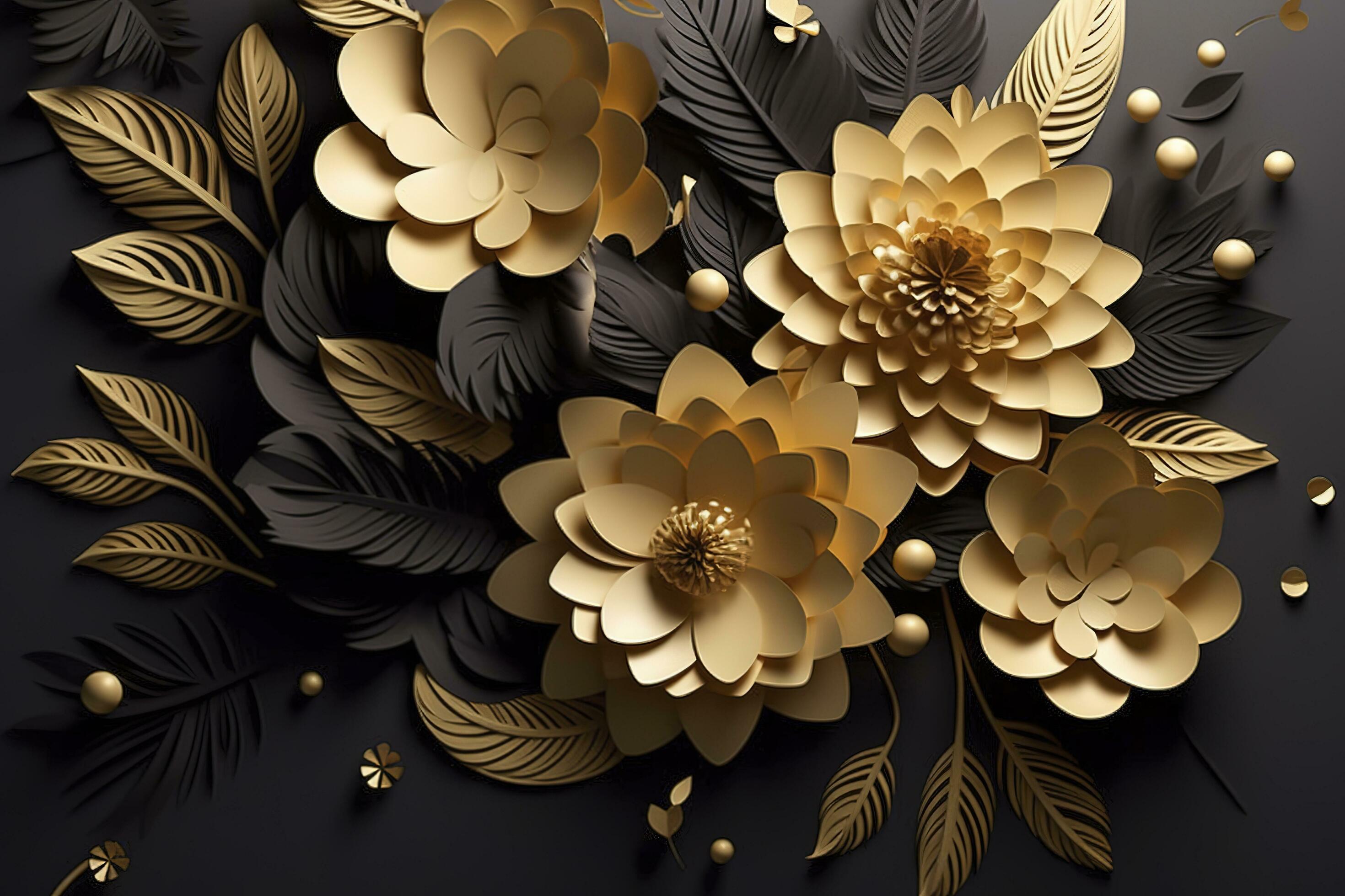 3d mural floral wallpaper. golden and black flowers and leaves. 3d render  background wall decor, generate ai 24475582 Stock Photo at Vecteezy