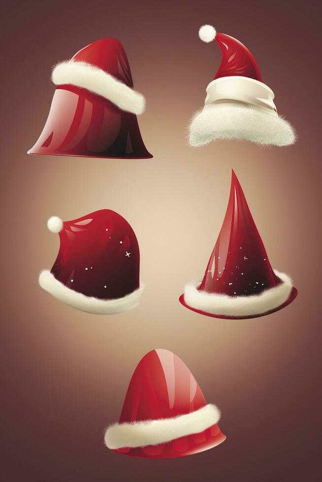 Set of Red Santa Claus Hats Isolated, generate ai photo