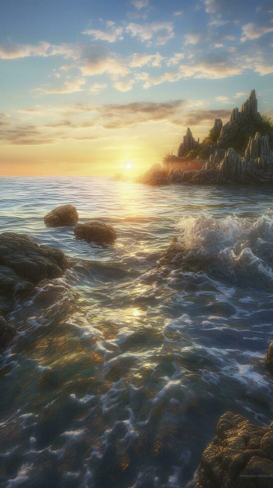 Magical red sunset in the open sea red sky and ocean waves at dusk beautiful sunset above the sea sunset background, generate ai photo