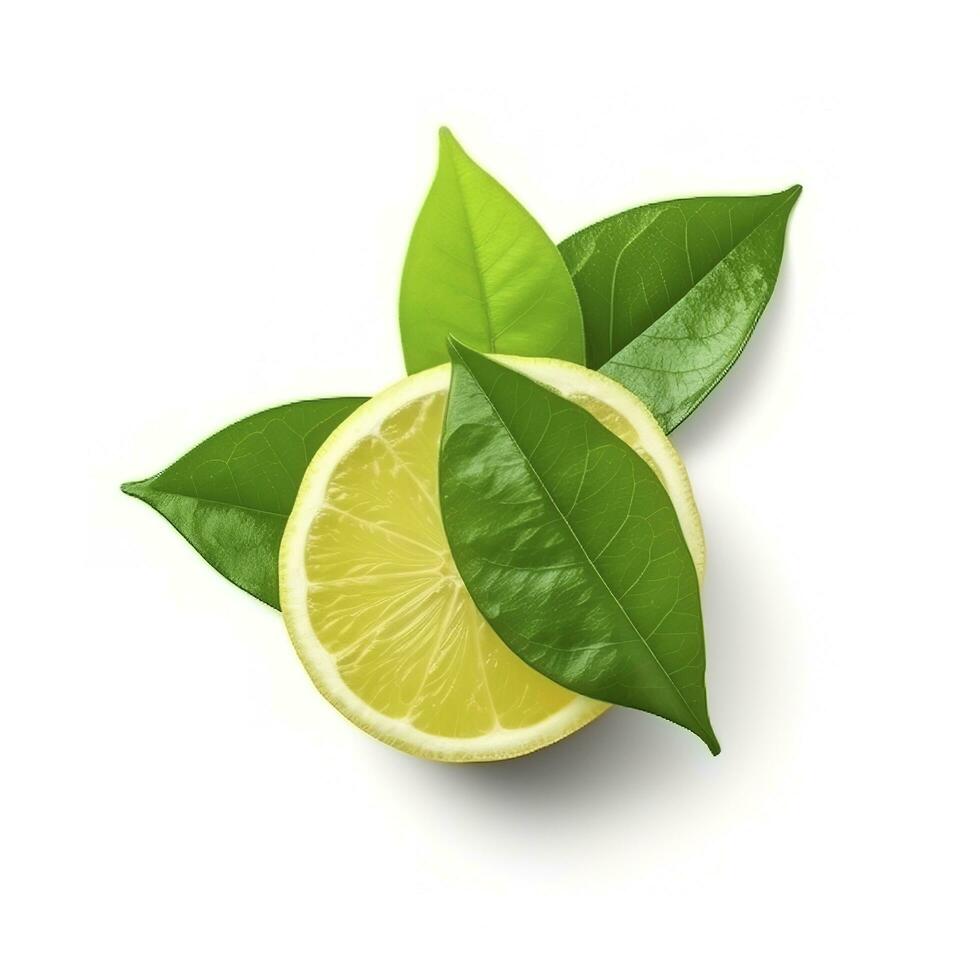 Fresh lemon with green leaves isolated on white background, generate ai photo