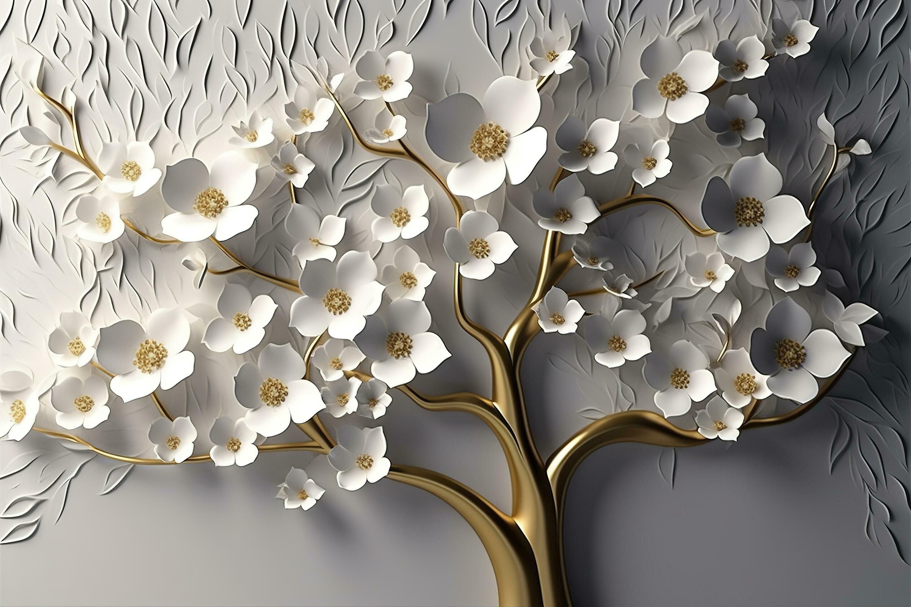 3d wallpaper floral tree background with white flower leaves and ...
