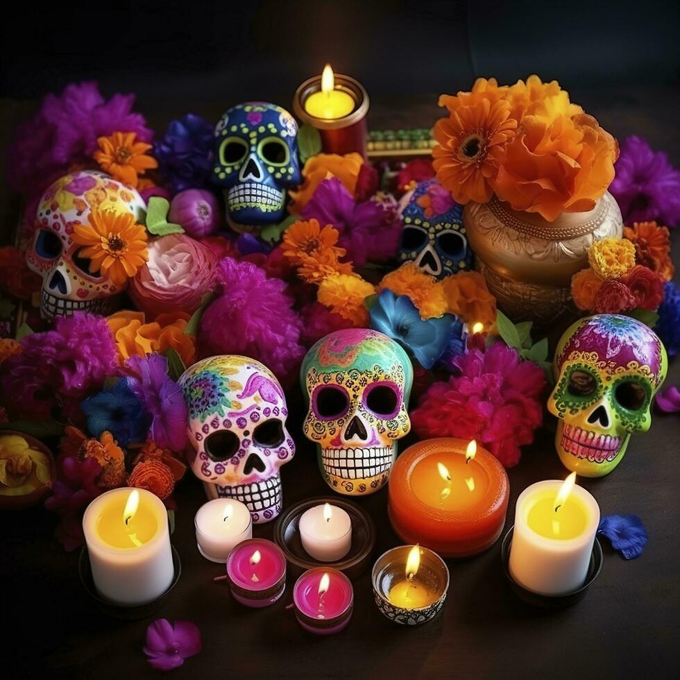 día de el muerto calaveras dia Delaware los muertos. día de el muerto y mexicano Víspera de Todos los Santos antecedentes. mexicano tradicion festival. día de el muerto azúcar cráneo. dia Delaware los muertos, generar ai foto