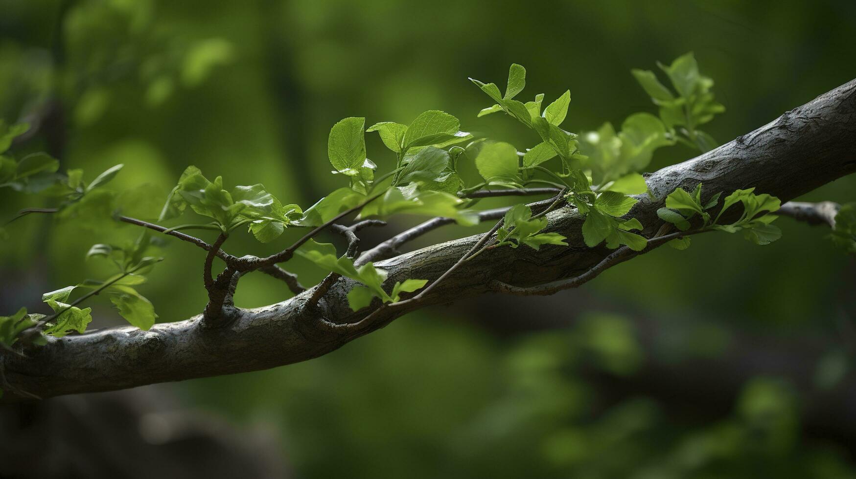 Earth Day and World Environment Day, Spring, Tropical tree leaves and branch with beautiful green forest background, generate ai photo