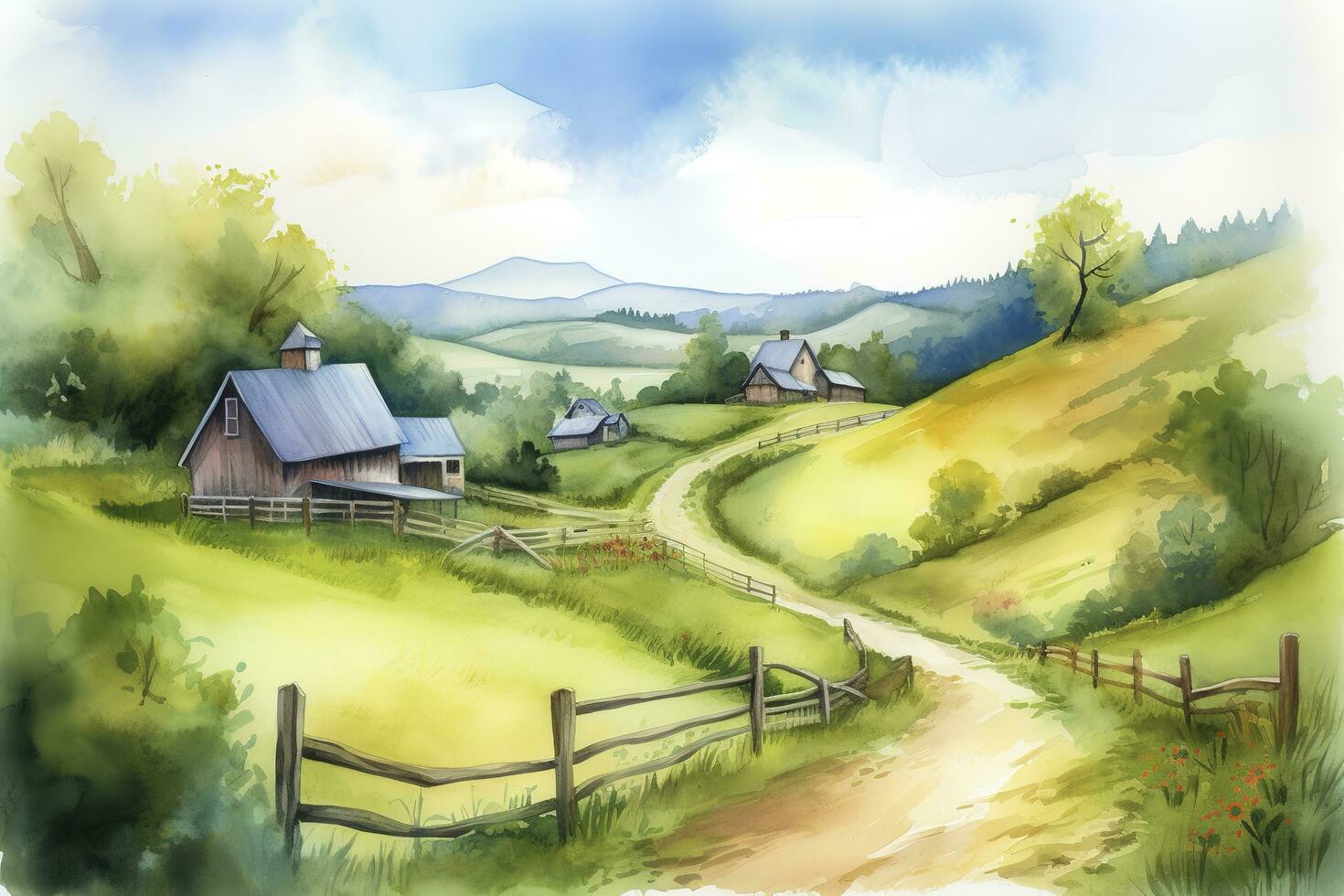 a watercolor painting of a rural countryside scene, featuring a picturesque farm or barn, rolling hills, and a blue sky with fluffy clouds, generate ai photo