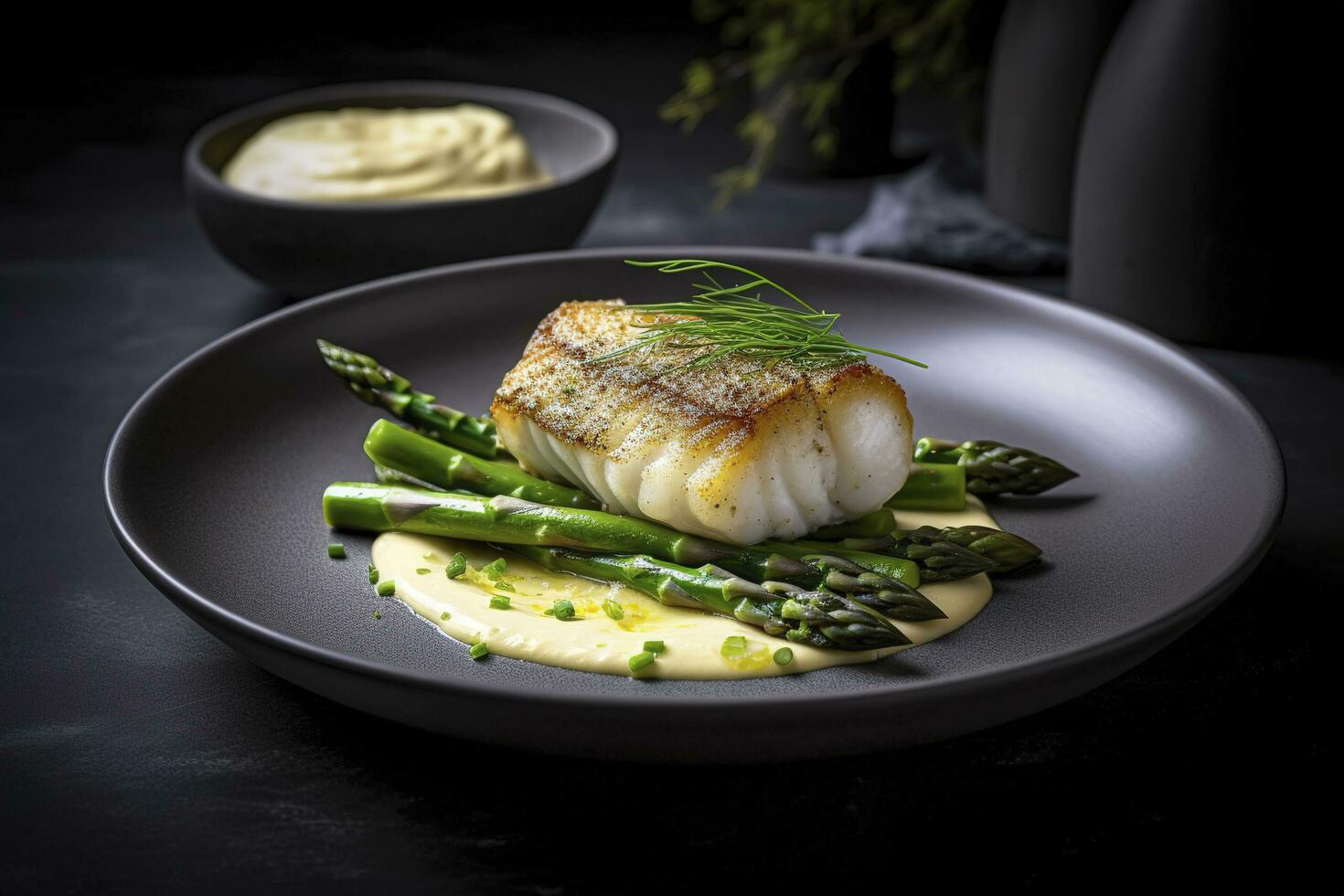 Traditional Fried Skrei Cod Fish Fillet with Green Asparagus Tips and Mashed Potato Cream in Parmesan Olive Oil Sauce as Closeup on a Modern Design Plate with Copy Space, generate ai photo