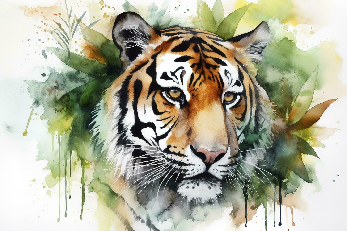 Paint a realistic portrait of a tiger in the jungle watercolor painting, beautiful natural forms, crisp clean shapes, colorful, white background, generate ai photo