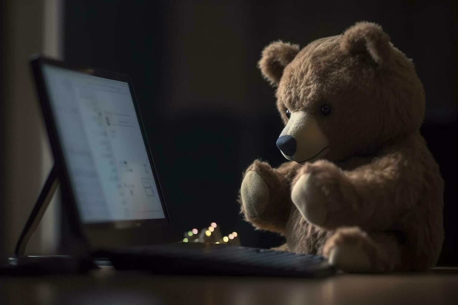 Cartoon bear playing laptop, generate ai photo