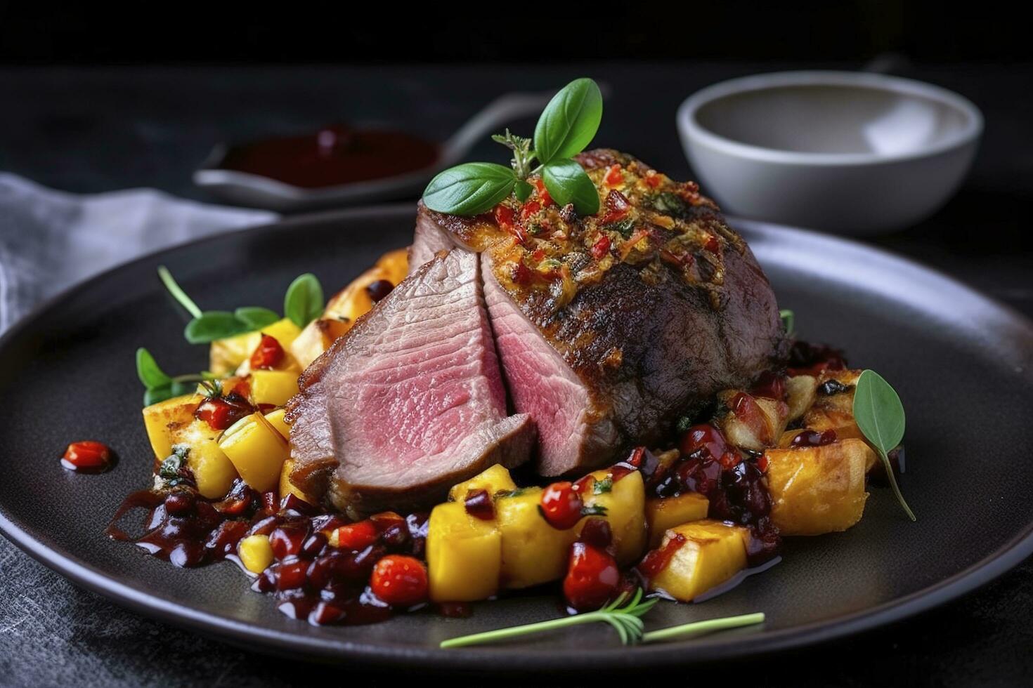 Traditional roasted Italian panettone tagliata di manzo with sliced beef steak and vegetables served close-up on a Nordic design plate, generate ai photo