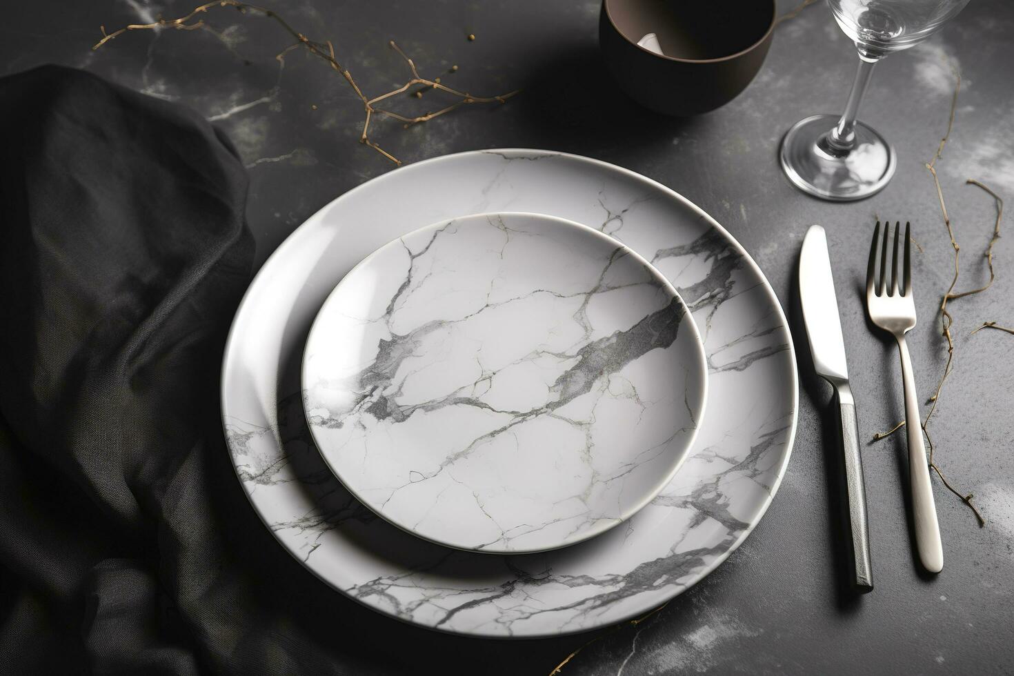 blanco plato y cuchillería en Roca mesa. mesa configuración, plano laico imagen, generar ai foto