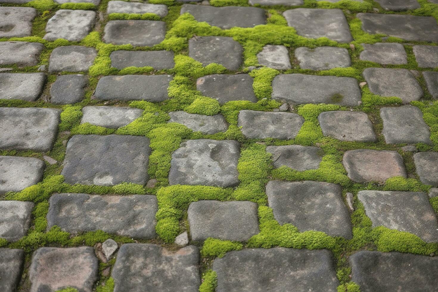 Cobblestoned pavement, green moss between brick background. Old stone pavement texture. Cobbles closeup with green grass in the seams. Stone paved walkway in old town photo