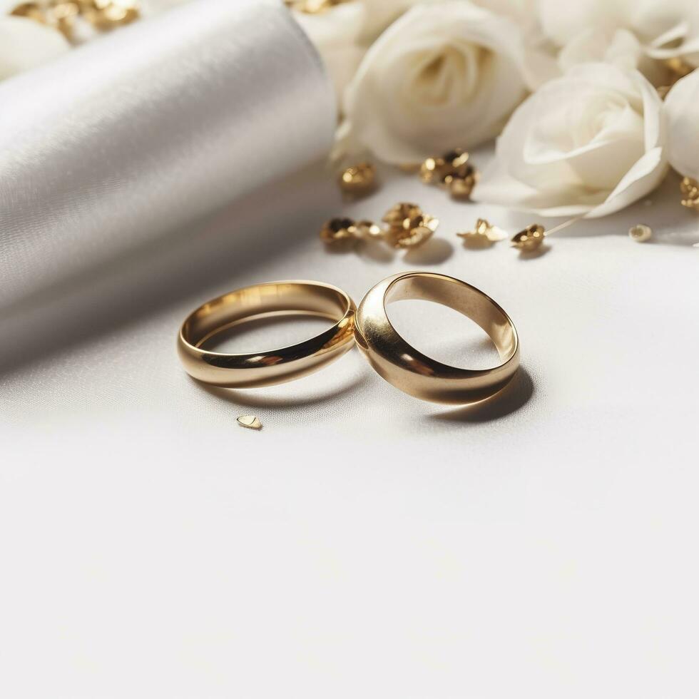 Wedding rings on wedding card on a white background, border design panoramic banner., generat ai photo