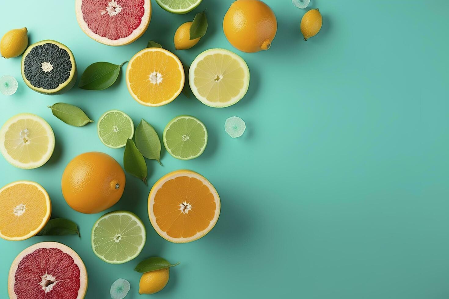 Citrus paradise concept. Top view of juicy oranges, lemons, limes and grapefruits on turquoise background with empty space for promotional text, generate ai photo