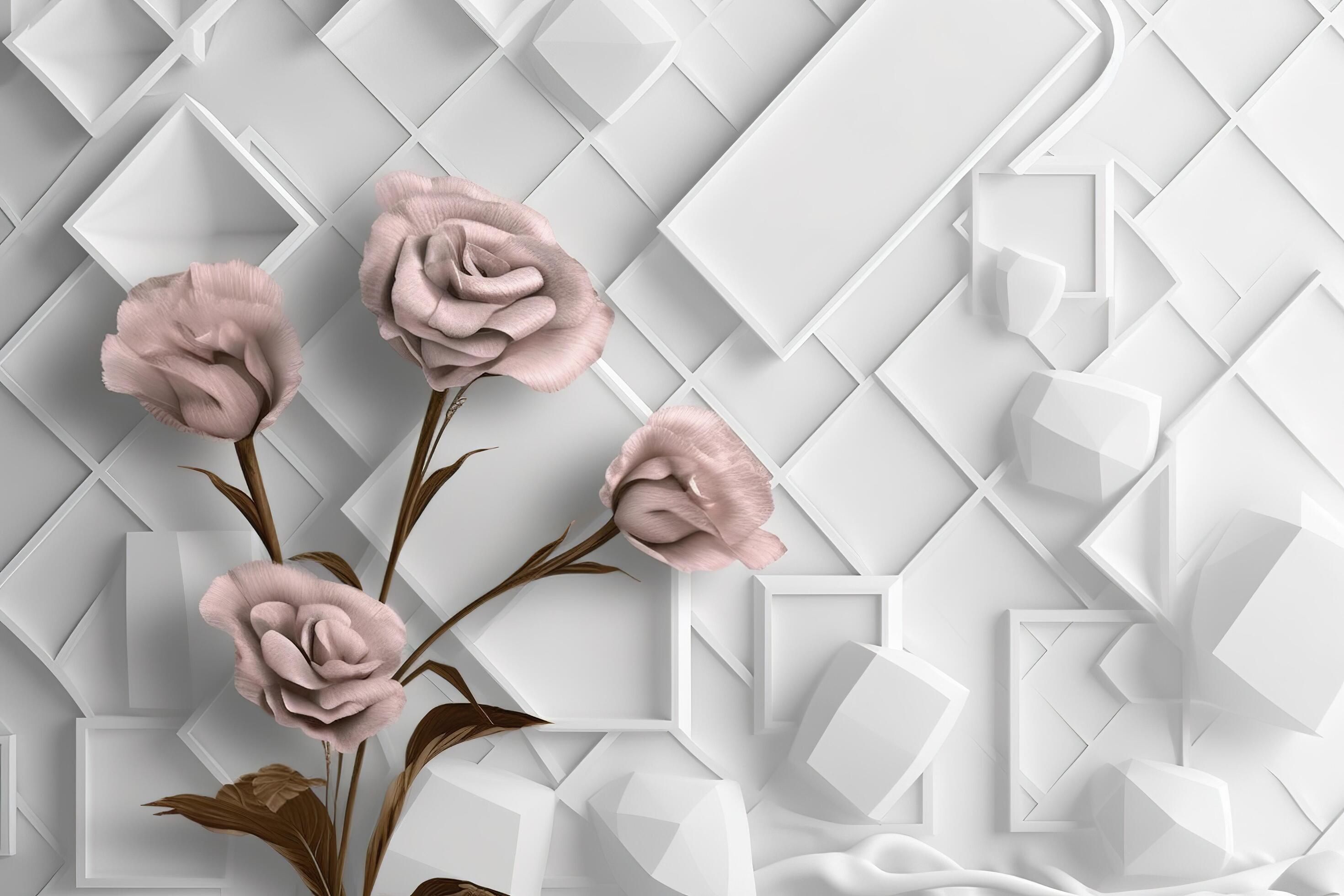 3d classic wallpaper. rose flowers on a light gray background with squares and wavy shapes. for