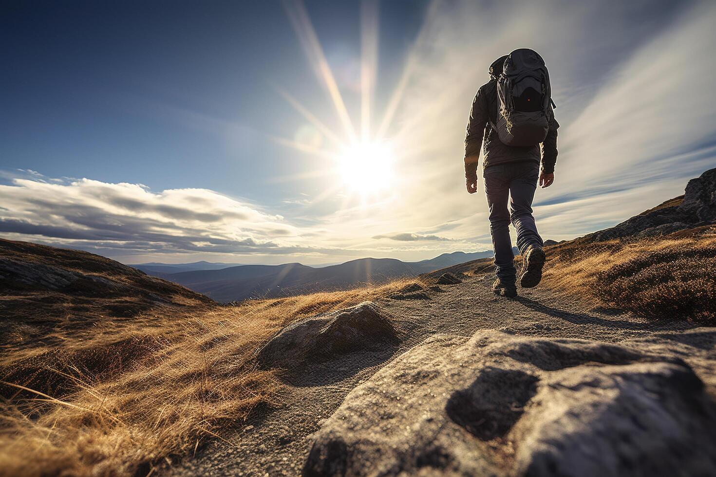 Hiker goes against sky and sun. Hiking concept created with technology photo