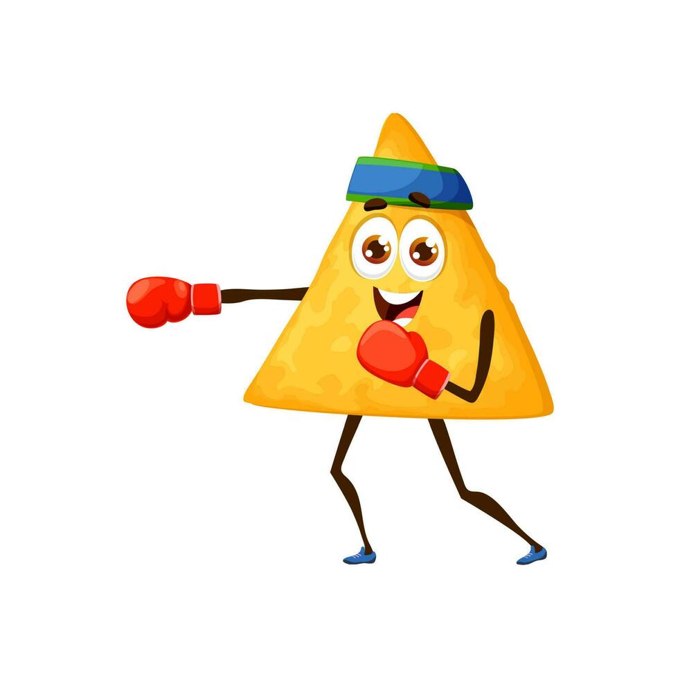 Cartoon Mexican nachos character boxing, fast food vector