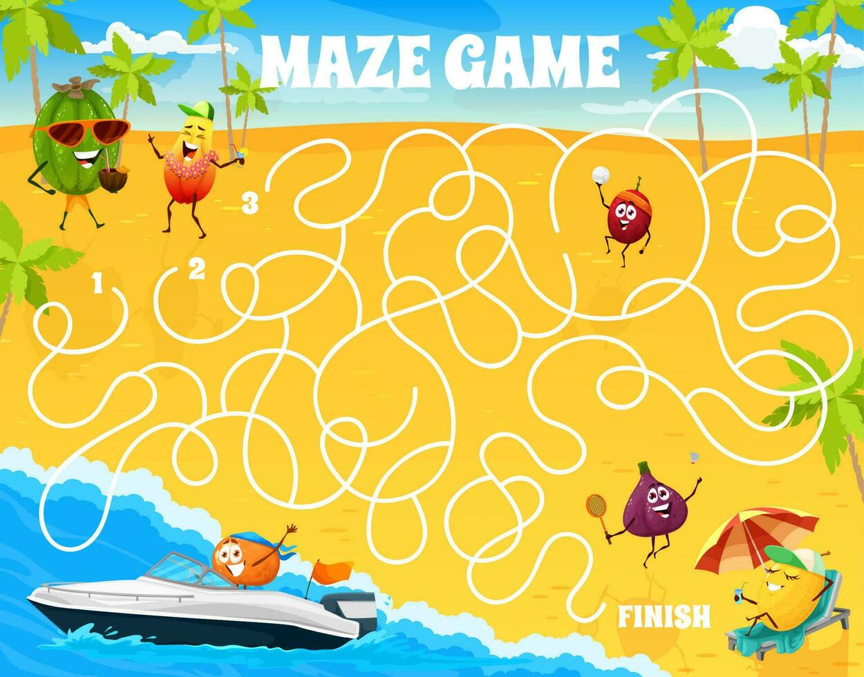 dibujos animados frutas en verano playa, laberinto juego vector