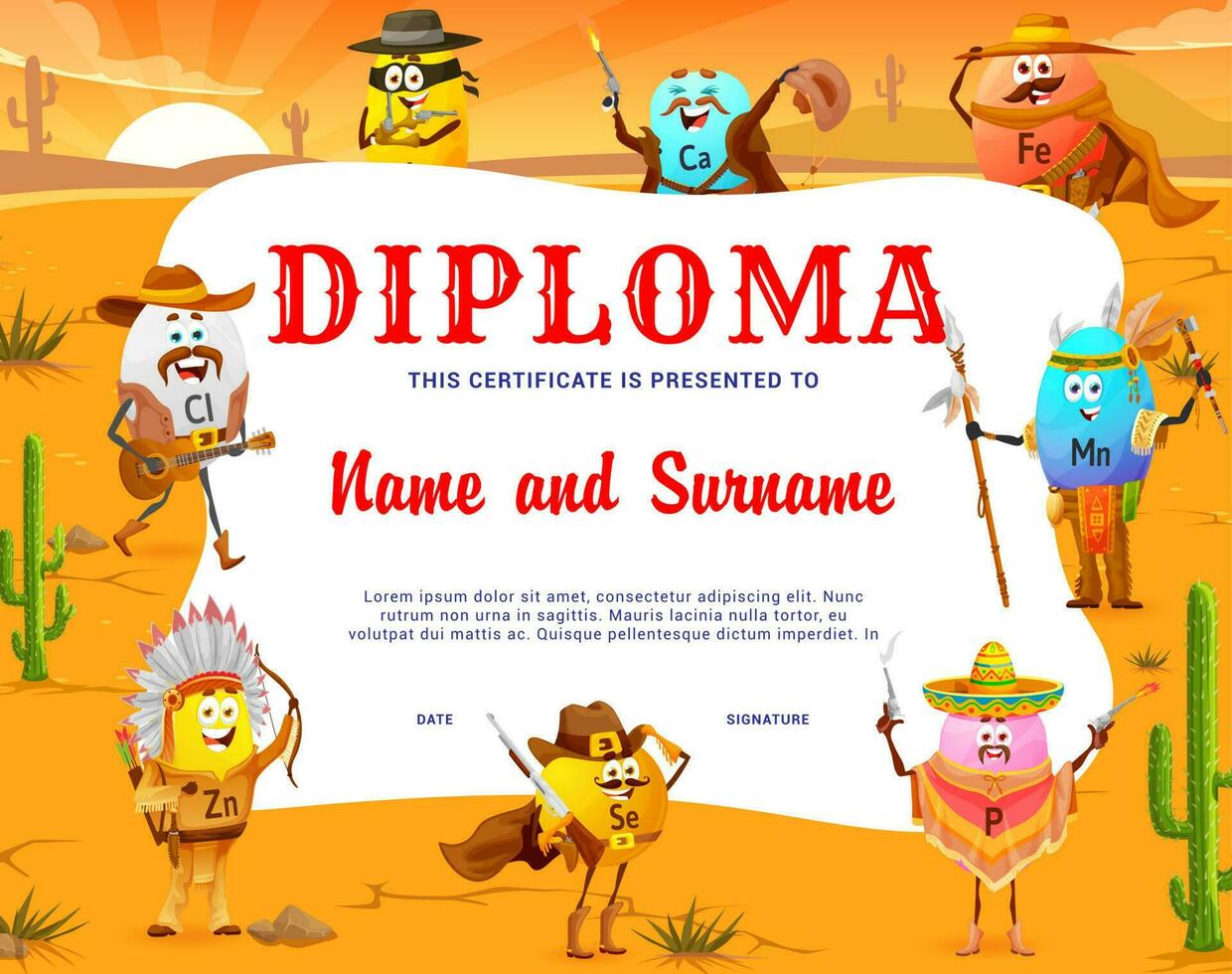 Kids diploma with cartoon micronutrient characters vector