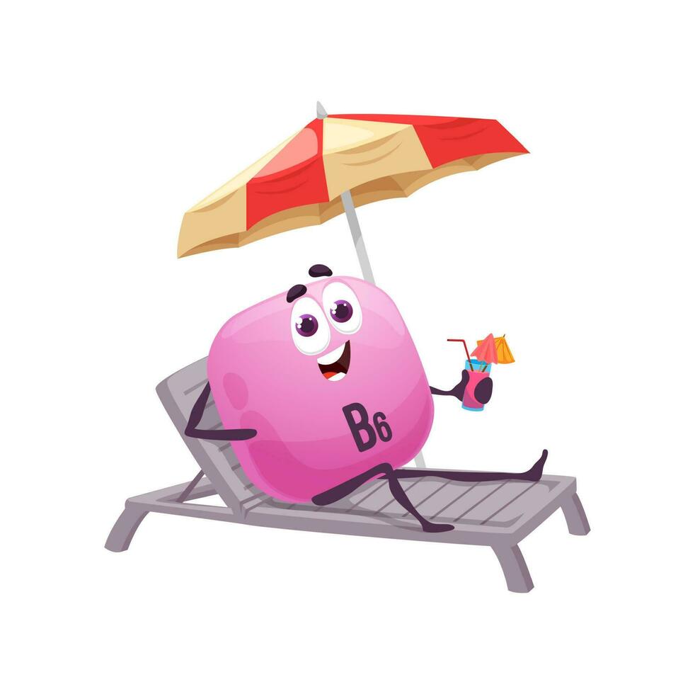 Cartoon vitamin B6 sunbathing on beach on lounge vector