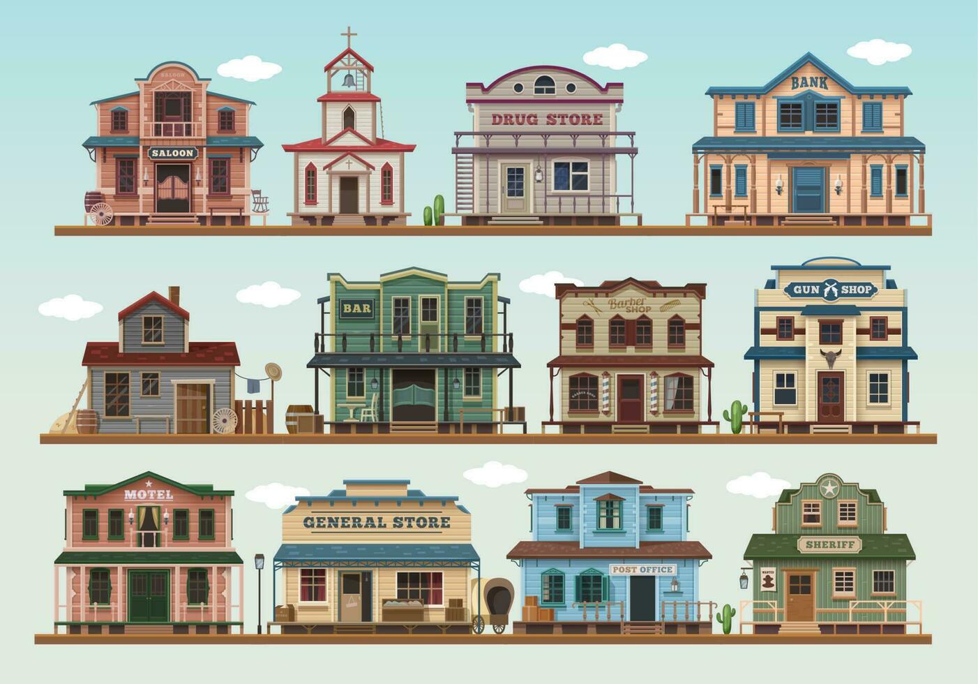 Western wild west town cartoon vector buildings