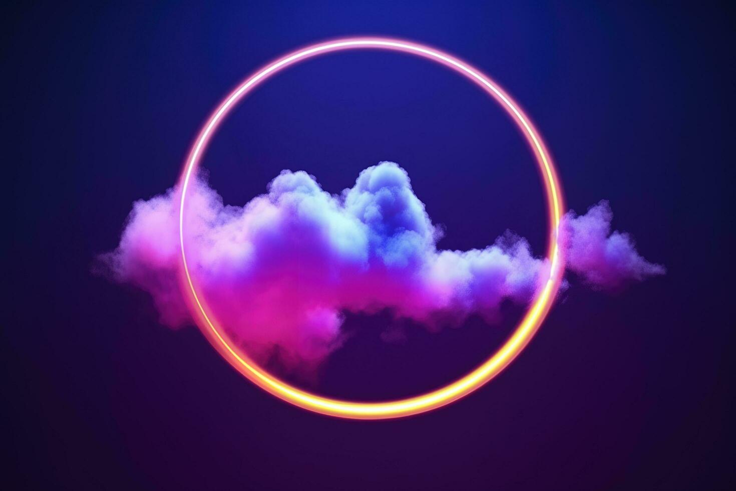 3d render, abstract cloud illuminated with neon light ring on dark night sky. Glowing geometric shape, round frame, generate ai photo