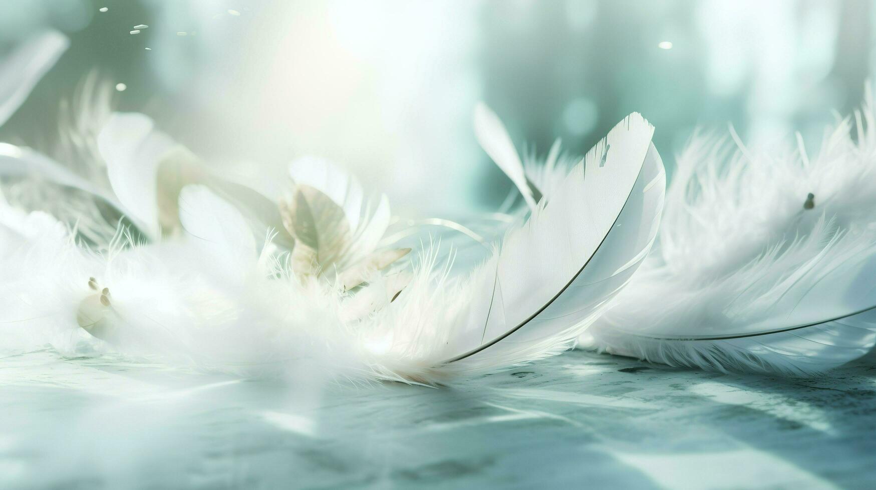 a bright blue background with one white feather, in the style of soft and dreamy pastels, glimmering light effects, nature inspired imagery, fairycore, soft focal points, generate ai photo