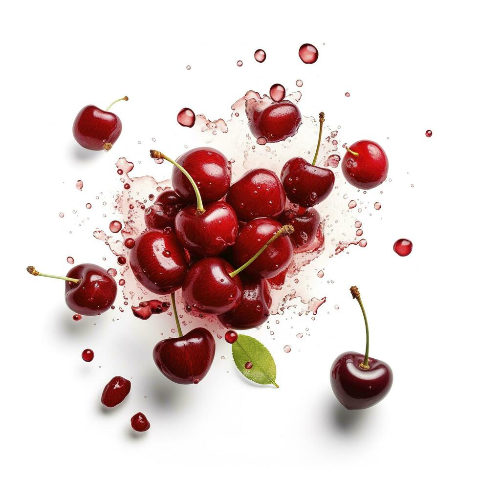 Whole and sliced fresh cherries in the air, isolated on a white background, generate ai photo