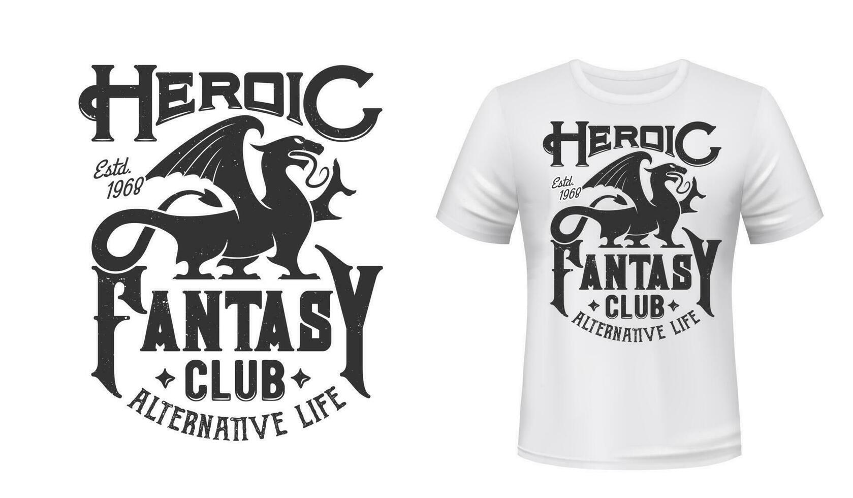 Dragon t-shirt print mockup, fantasy club emblem vector