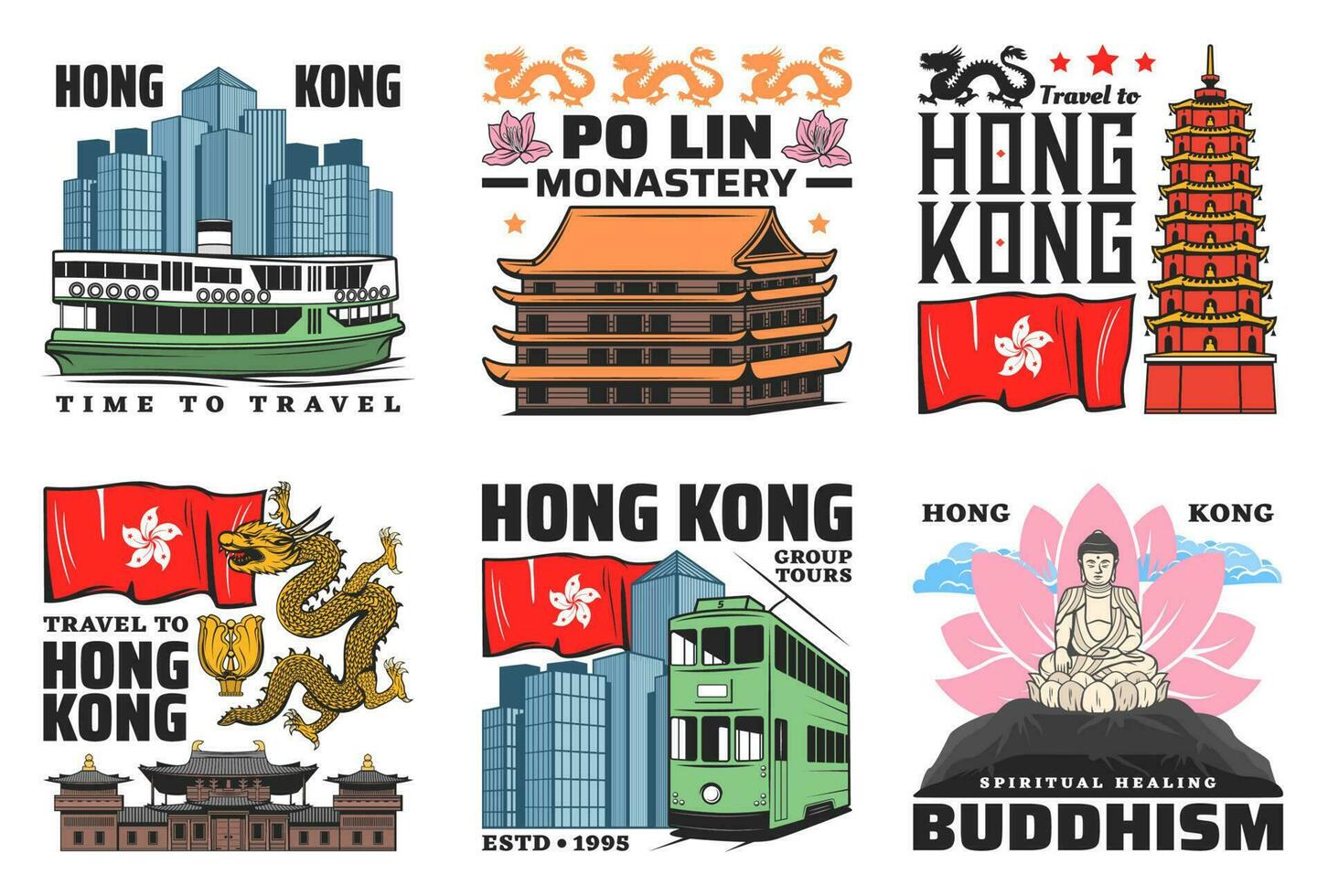 hong kong viaje punto de referencia íconos vector