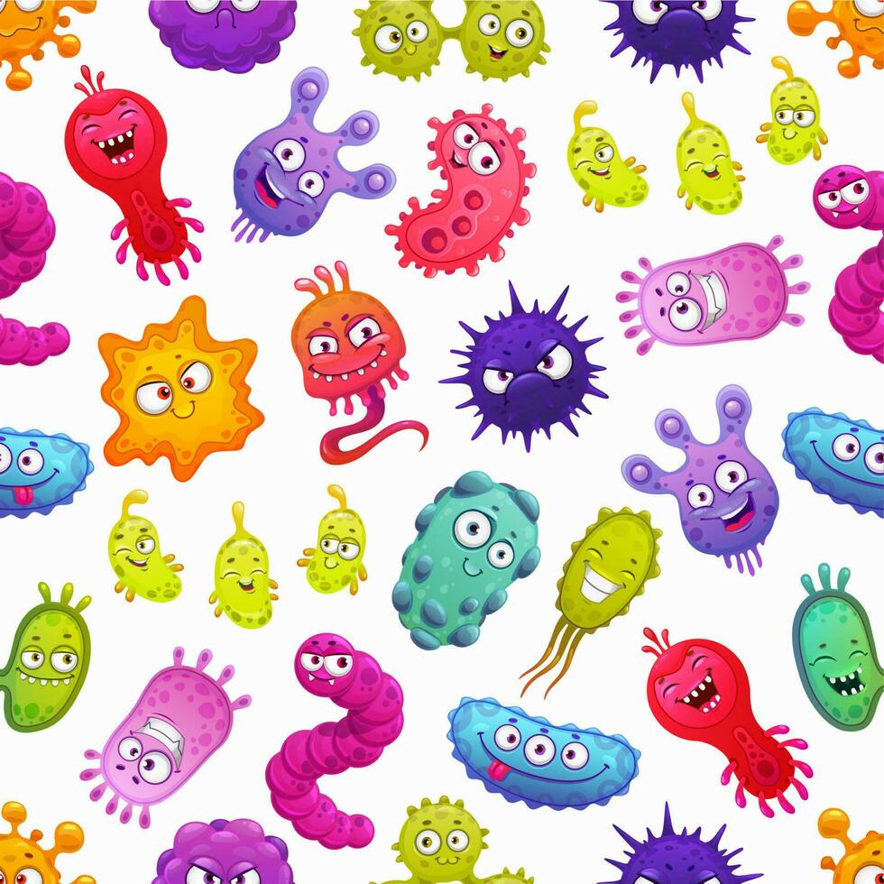 virus, bacterias y germen dibujos animados sin costura modelo vector