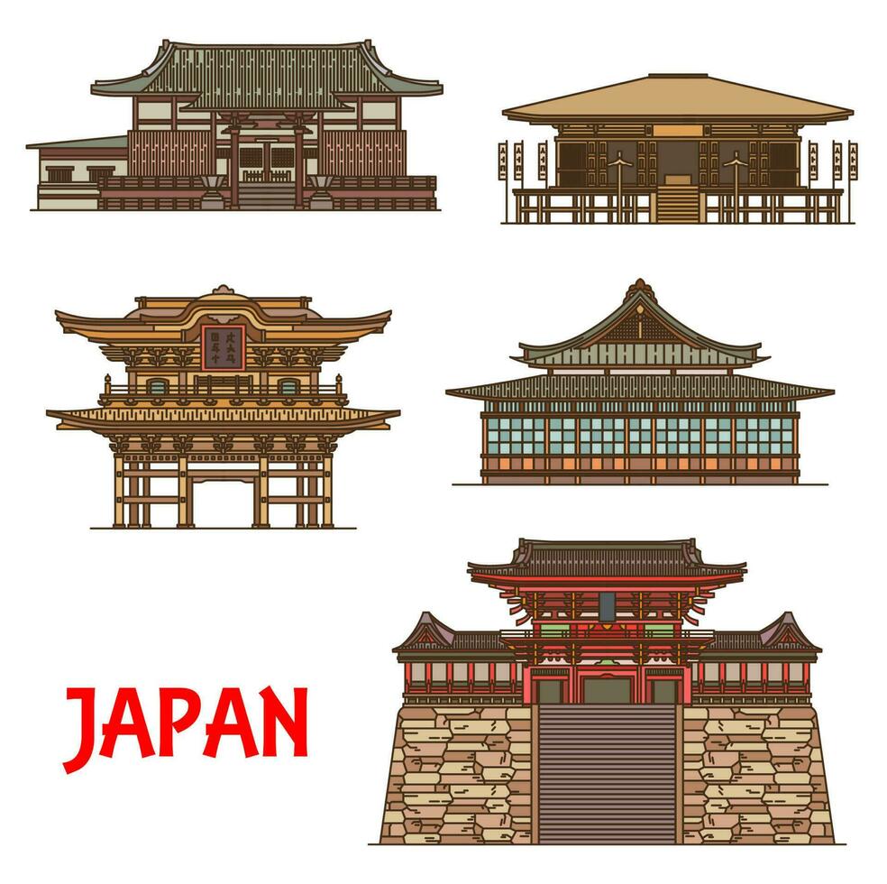 Japanese travel landmarks with religion buildings vector