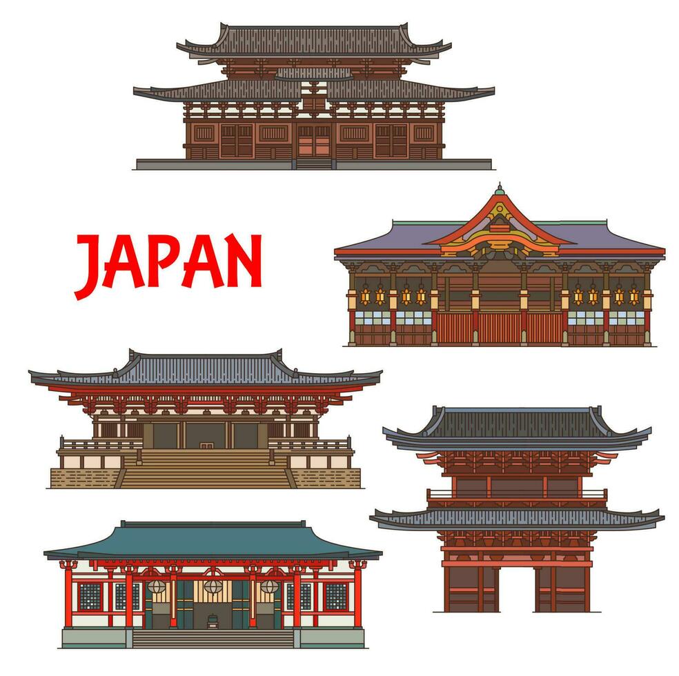 Japanese temples, shrines, Japan pagoda houses vector