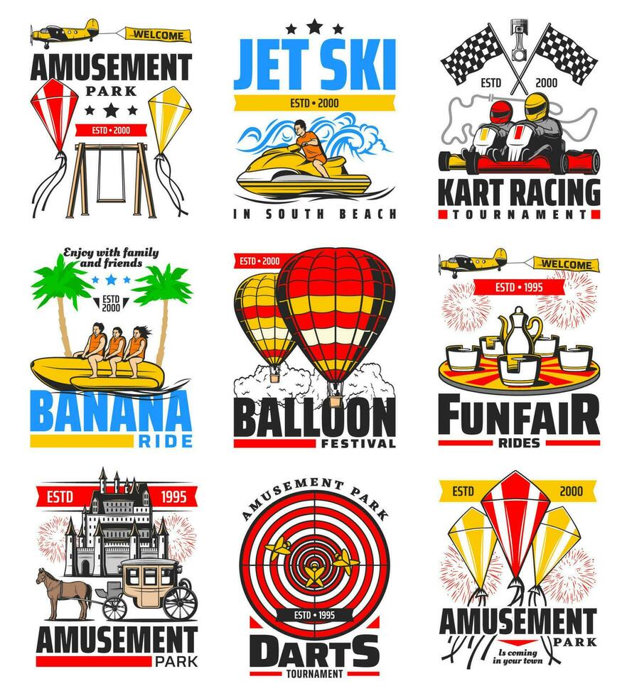 Kart racing, darts and banana rides amusement park vector