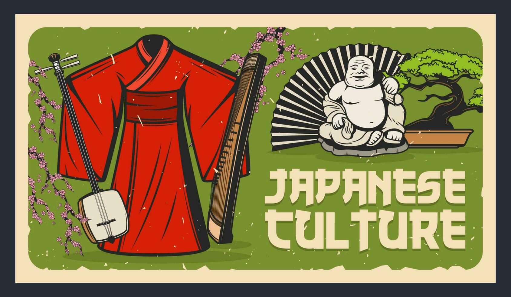Japan bonsai, netsuke, kimono, shamisen and geisha vector