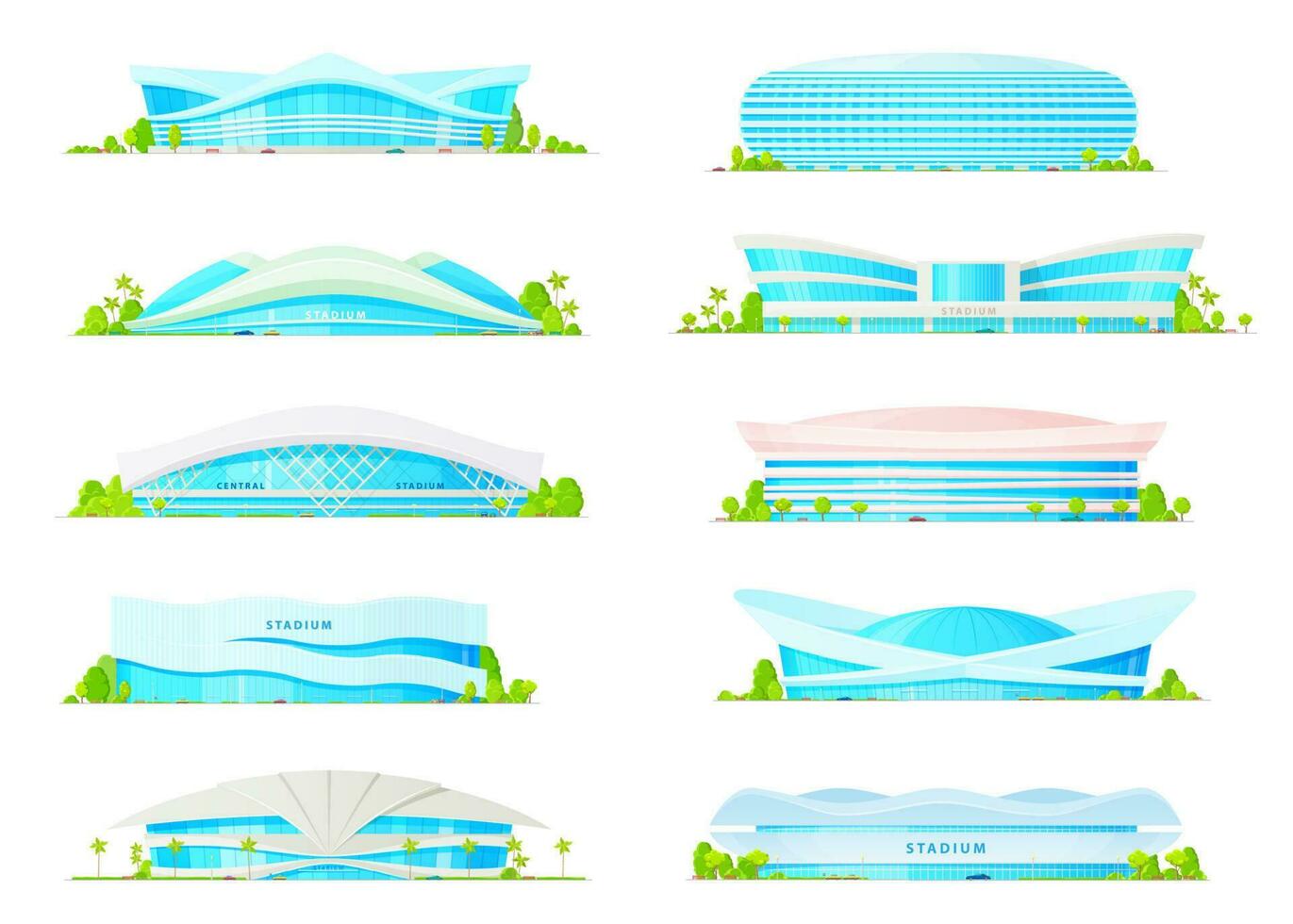 Flat icons of sport game arena stadium buildings vector