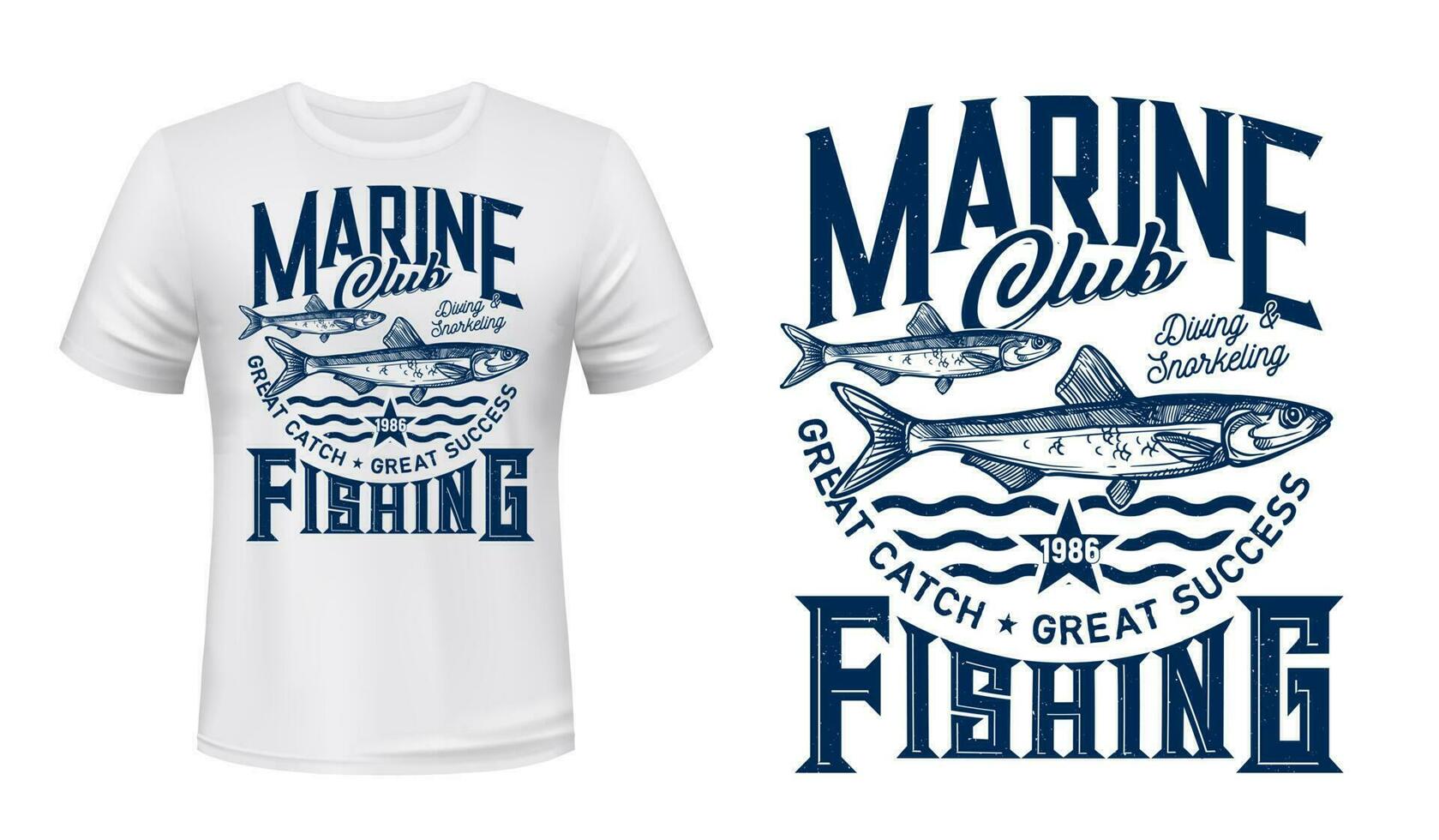 camiseta impresión con anchoa pescado mascota etiqueta. vector
