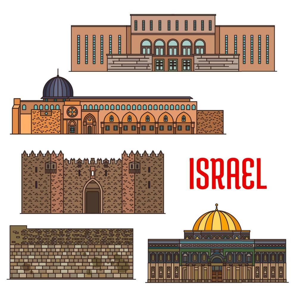 Israel landmarks, Jerusalem wailing wall, temples vector