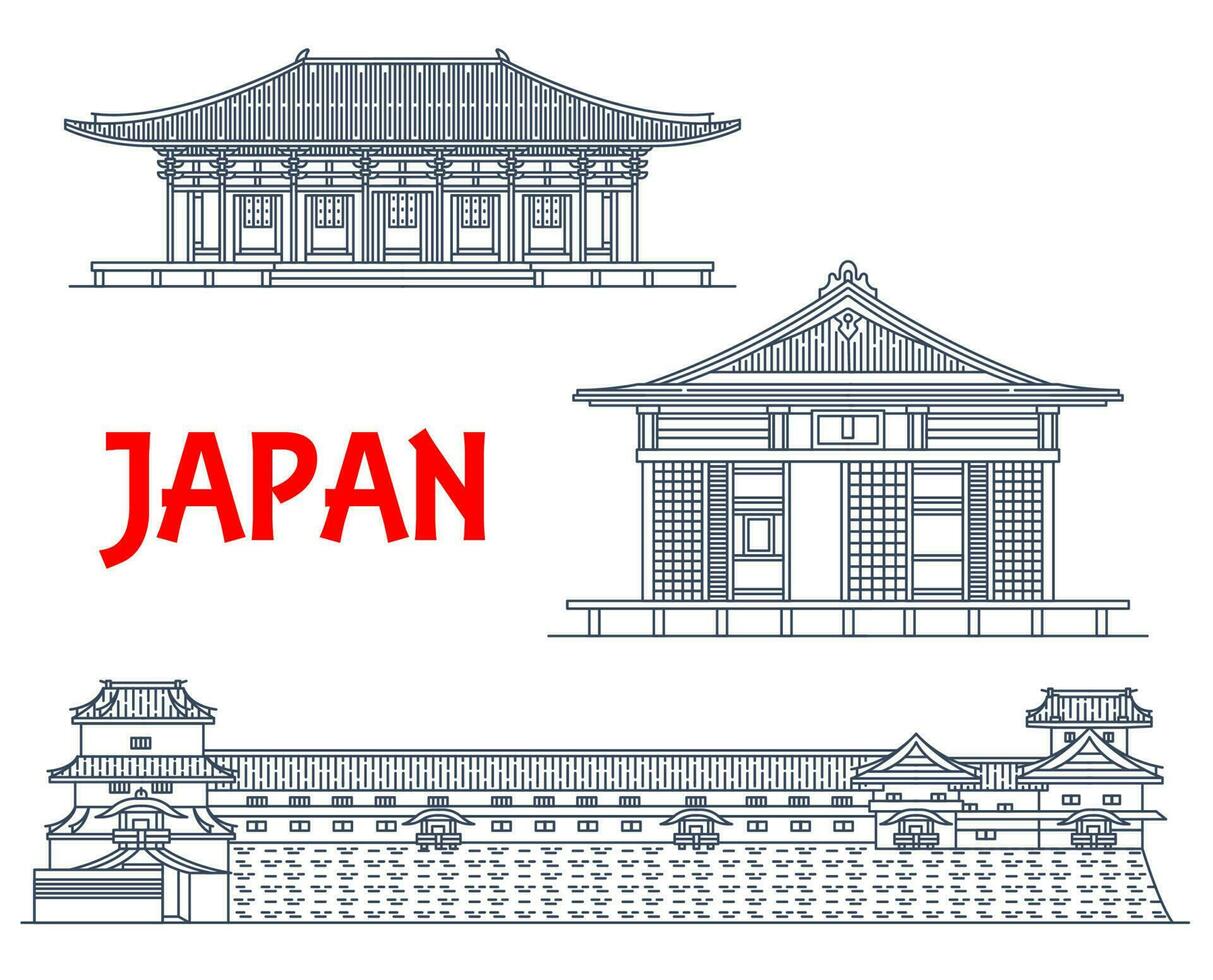 Japan landmarks, Japanese temples architecture vector