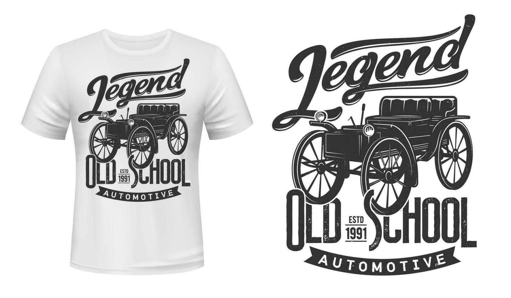 Vintage car t-shirt print mockup, retro automobile vector