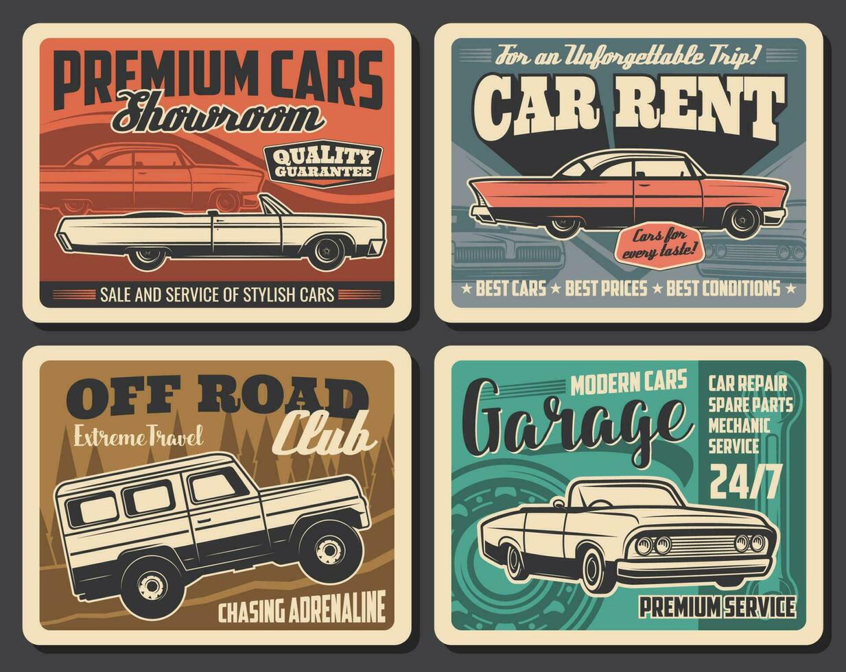 Vintage cars service, rental, auto repair garage vector