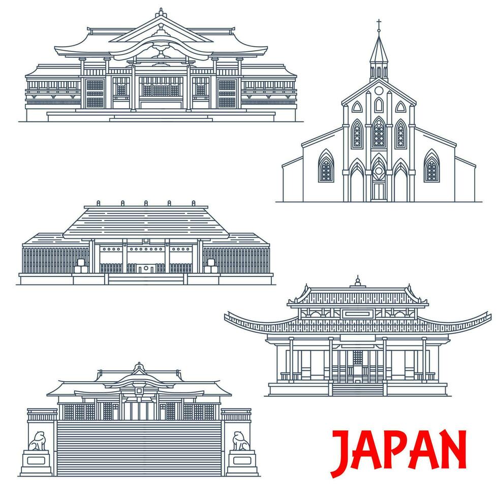 Japan architecture temples in Nagasaki, Miyazaki vector