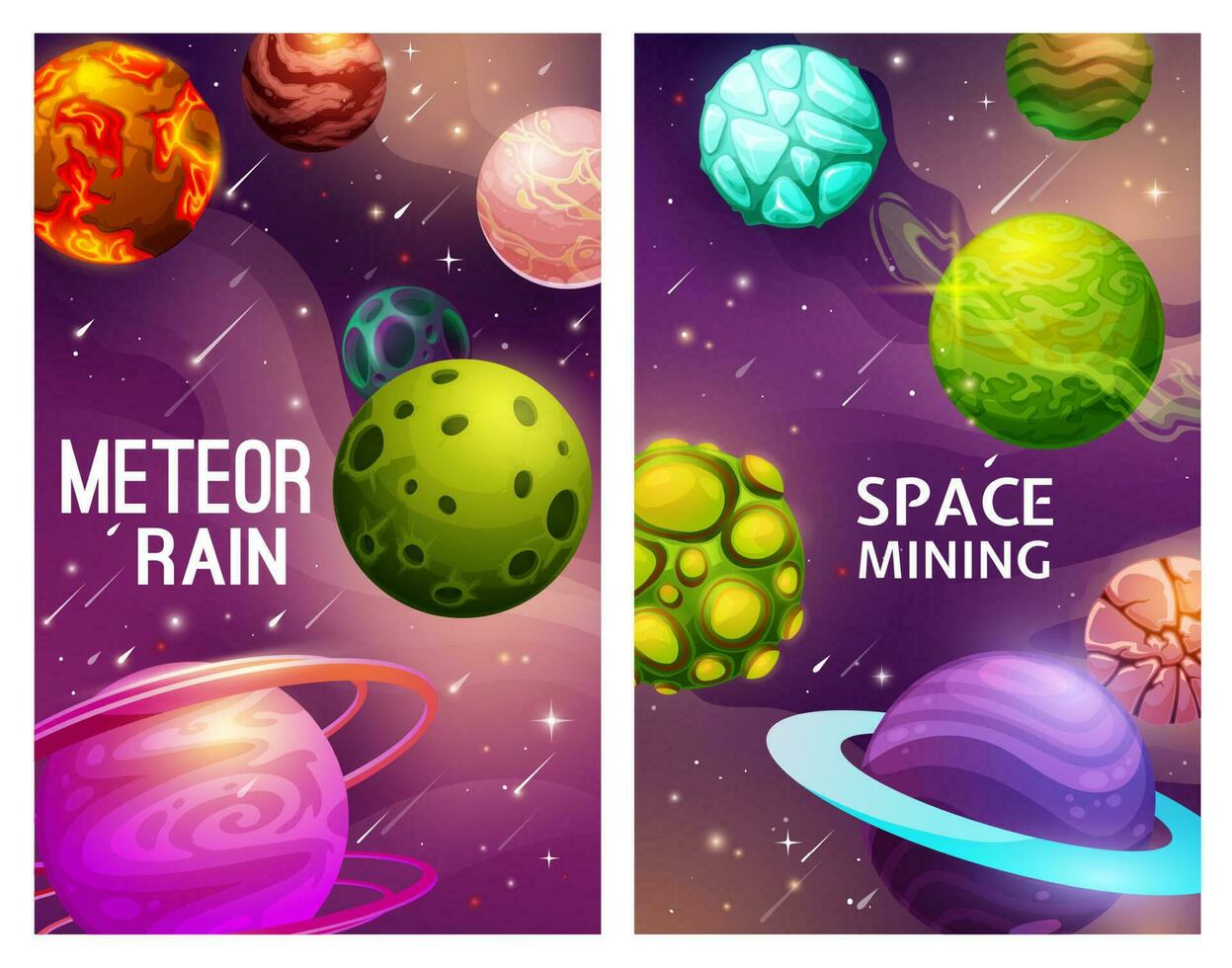 Meteor rain and space mining, galaxy planets vector