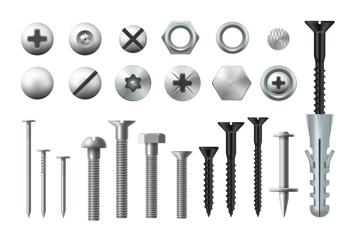 Metal bolts, screws, nuts and nails or fasteners vector