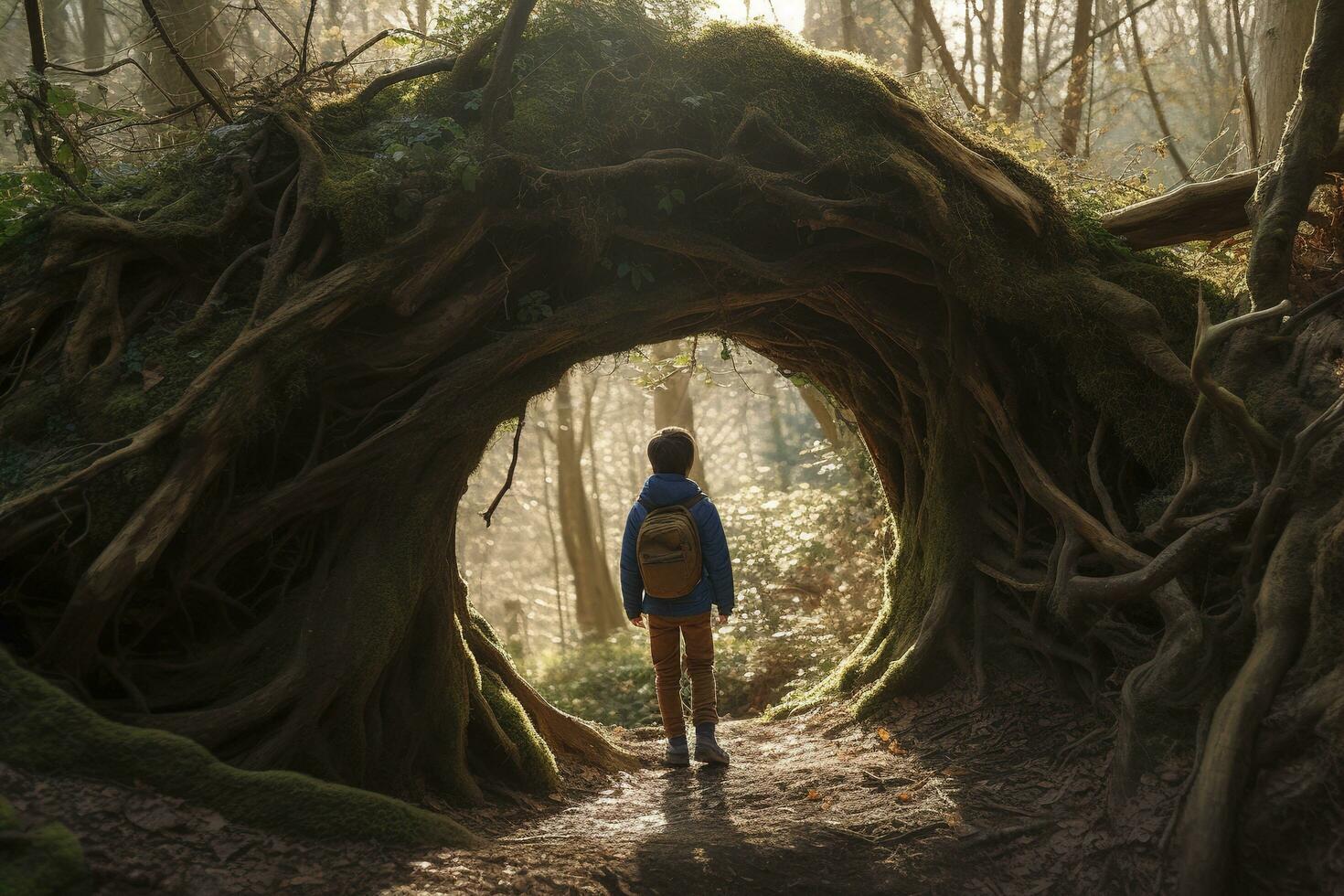 un pequeño chico yendo hacia el profundo mágico selva a lo largo , generar ai foto