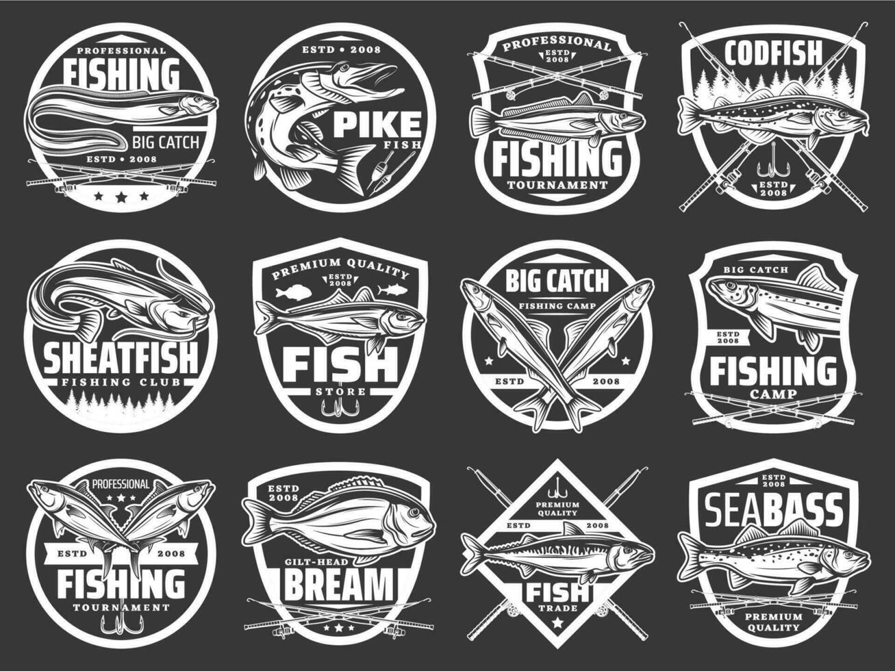 Fishing vector icons with sea eel, pike and hake