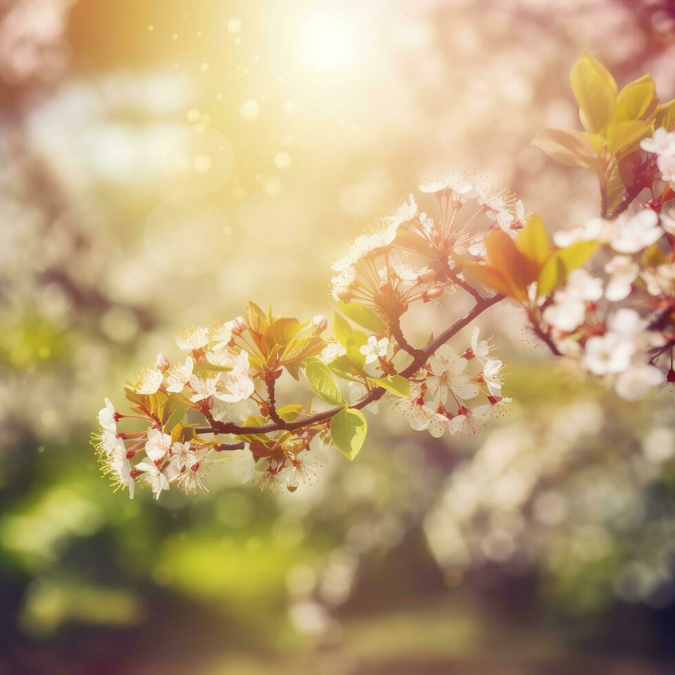 Spring blossom background. Beautiful nature scene with blooming tree and sun flare , generat ai photo