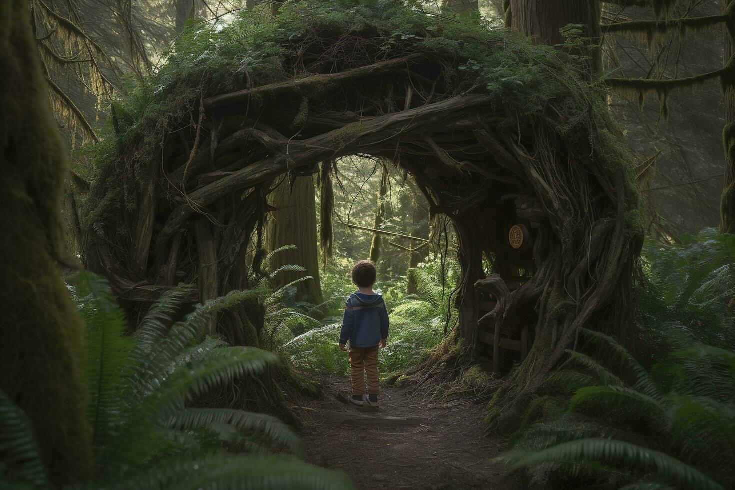 A little boy going towards the deep magical jungle along , generate ai photo