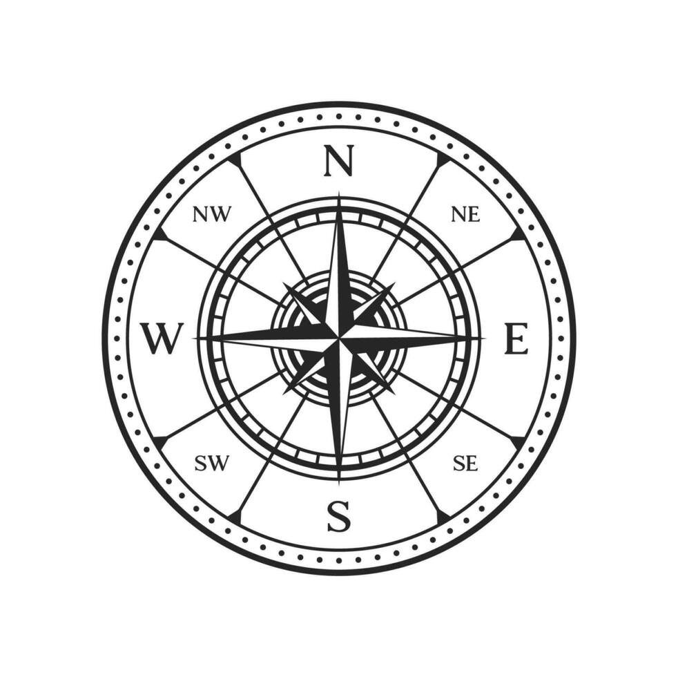Old compass, vintage map wind rose navigation sign vector